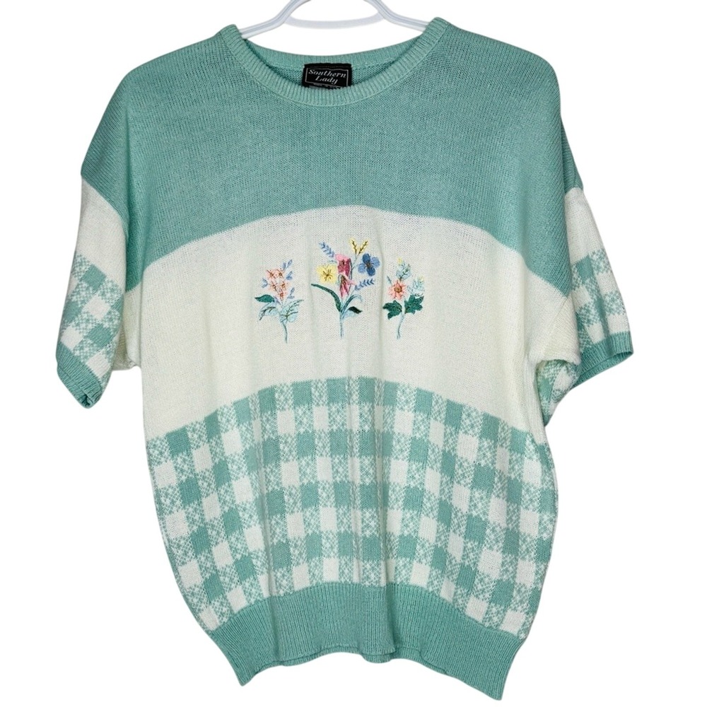 Southern Lady Womens Sweater L Short Sleeve Floral Embroider Grandma Cottage‎